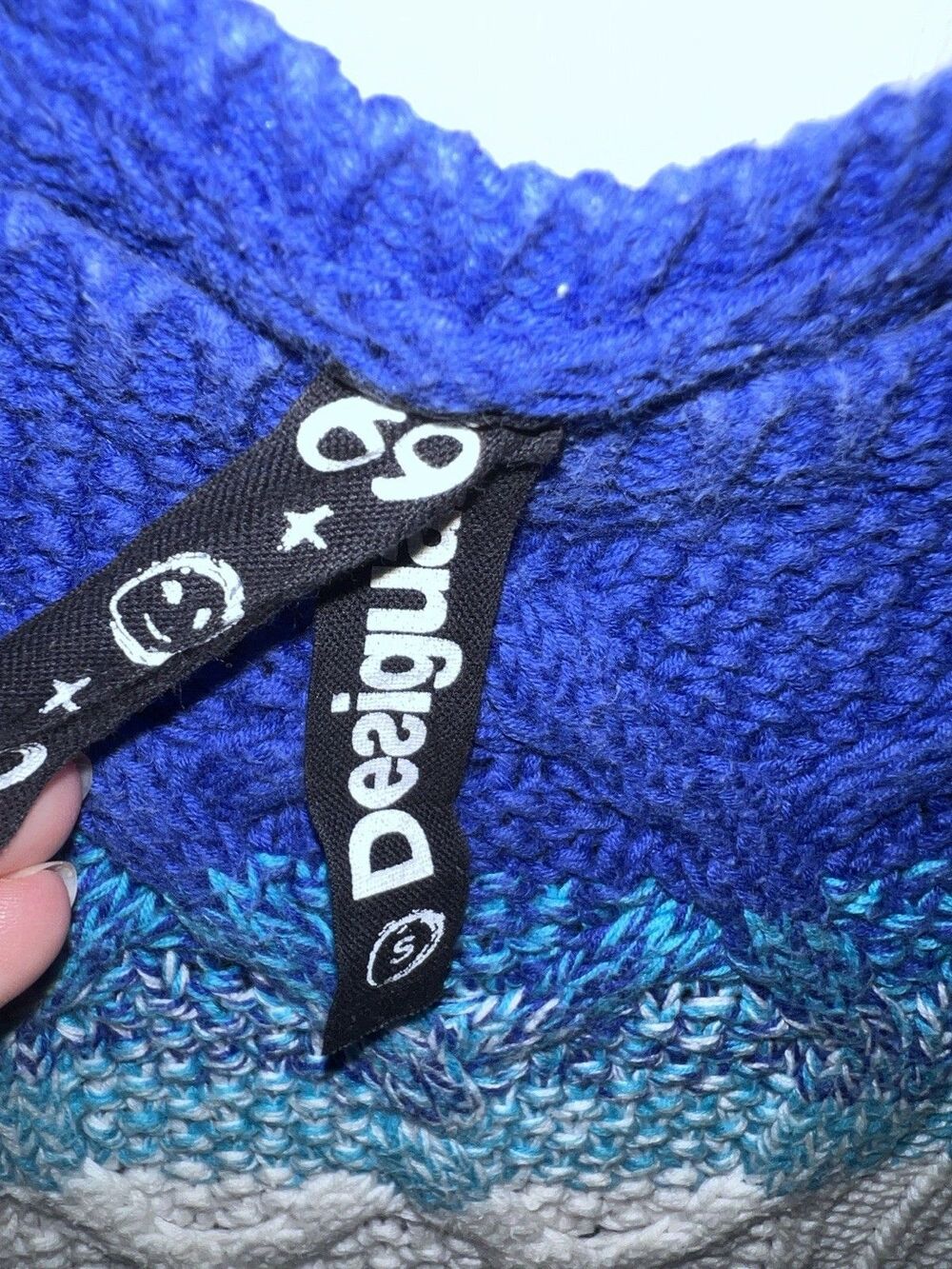 DESIGUAL Pullover Sweater Womens Sz S Ombre Cap Sleeve Boxy Chunky Fisherman Art - Picture 8 of 12